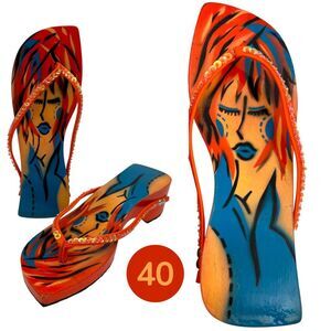 Women's Handmade Sequined Graphic Wooden Heeled Thong Sandals Multicolor Size 40